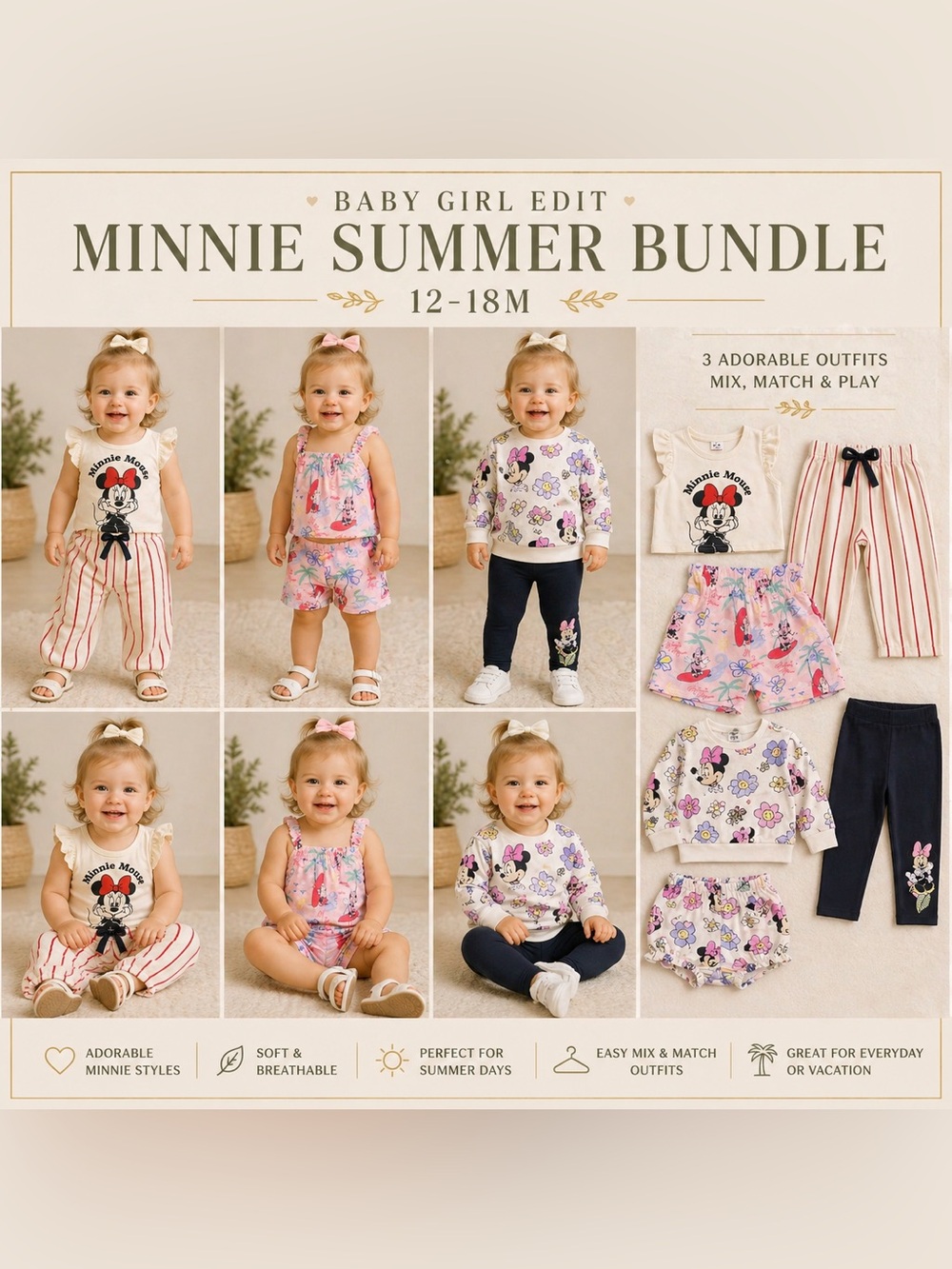 Disney Minnie Baby Girl Bundle 12–18MSummer Outfit Set Pink Floral Matching Sets